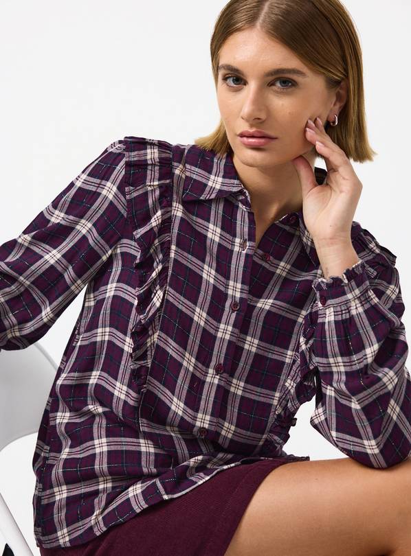 Berry Red Frill Detail Check Blouse 18